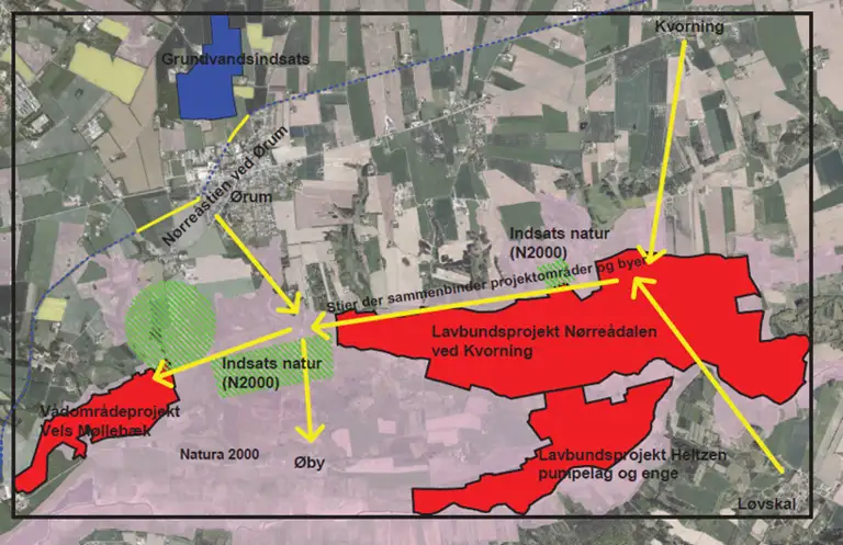 Kort over kerneomr&aring;det for projektet ved N&oslash;rre&aring;dalen. Projektet best&aring;r af flere dele, hvor en del er Natura2000 indsats, mens der derudover er et v&aring;deomr&aring;deprojekt og to lavbundsprojekter.