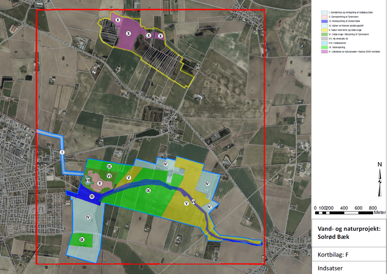 Kort over kerneomr&aring;de for projektet langs Solr&oslash;d B&aelig;k. Af kortet fremg&aring;r de arealer omkring Solr&oslash;d B&aelig;k, med indsatser indenfor v&aring;domr&aring;der, skovrejsning og lignende. Nord for projektet ved Solr&oslash;d B&aelig;k er ogs&aring; udlagt et projekt til udvidelse af naturreservat.