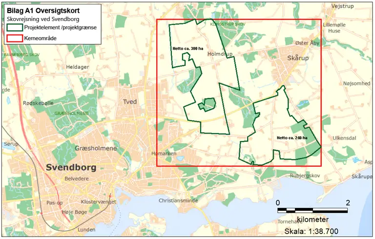 Kort der viser kerneomr&aring;de og projektgr&aelig;nse for skovrejsningen ved Svendborg.