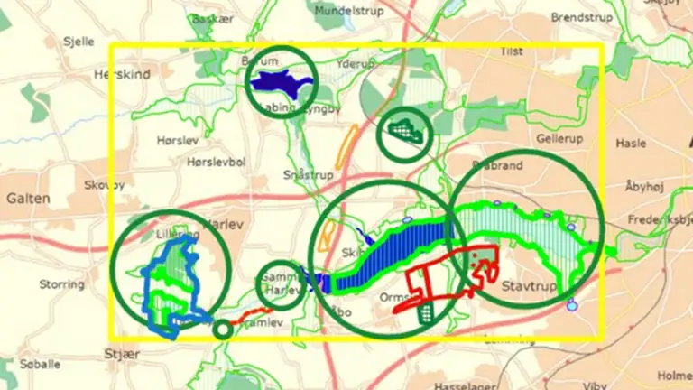 Kerneomr&aring;det for projektet ved Aarhus &Aring;dal. I projektomr&aring;det er der udlagt indsatser til Natura2000 og Bilag IV, skovrejsning og klimatilpasning