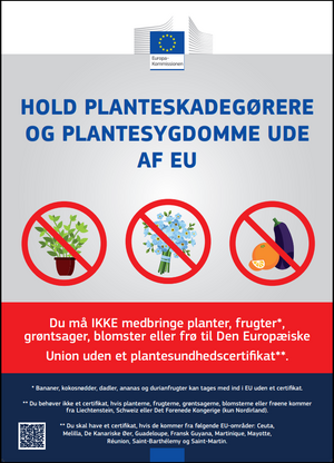 Planter, blomster, grøntsager, frugter og frø fra lande uden for EU, kan indeholde skadelige plantesygedomme. Disse ønsker vi at holde ude af EU for på den måde kan vi beskytte vores natur og planteproduktion. Derfor må planter, blomster, grøntsager, frugter og frø fra lande uden for EU, ikke tages med uden et plantesundhedscertifikat. 