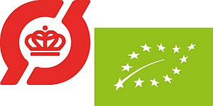 Billedet viser det røde Ø-mærke og EUs økologi mærke side om side. Ø-mærket er et rødt Ø med en krone inde i Ø'et, og EU mærket er en grøn rektangel med stjerner der for et blad.