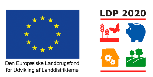 Billede af EU flag og LDP 2020 logo med teksten Den Europæiske Landbrugsfond for Udvikling af Landdistrikterne