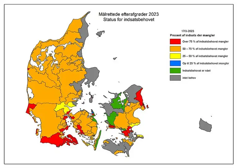 Danmarkskort over søgning til målrettede efterafgrøder per 17. marts 2023