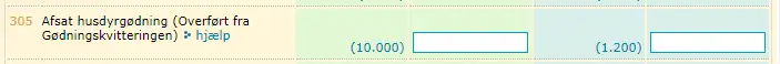 Skærmbillede af gødningsregnskabets felt 305 Afsat husdyrgødning (Overført fra Gødningskvitteringen)